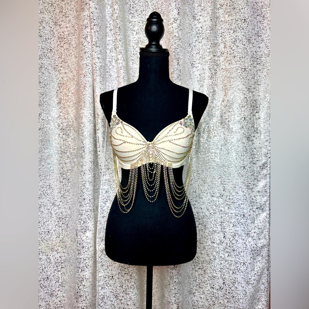 NWOT AB rhinestone tassel trim bralette/top